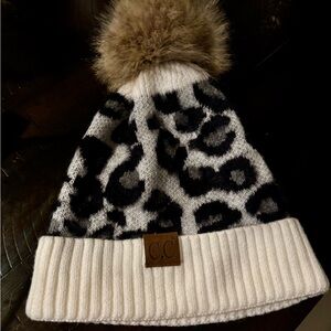 C.C Leopard Print Beanie with Pom Pom - Black and Cream